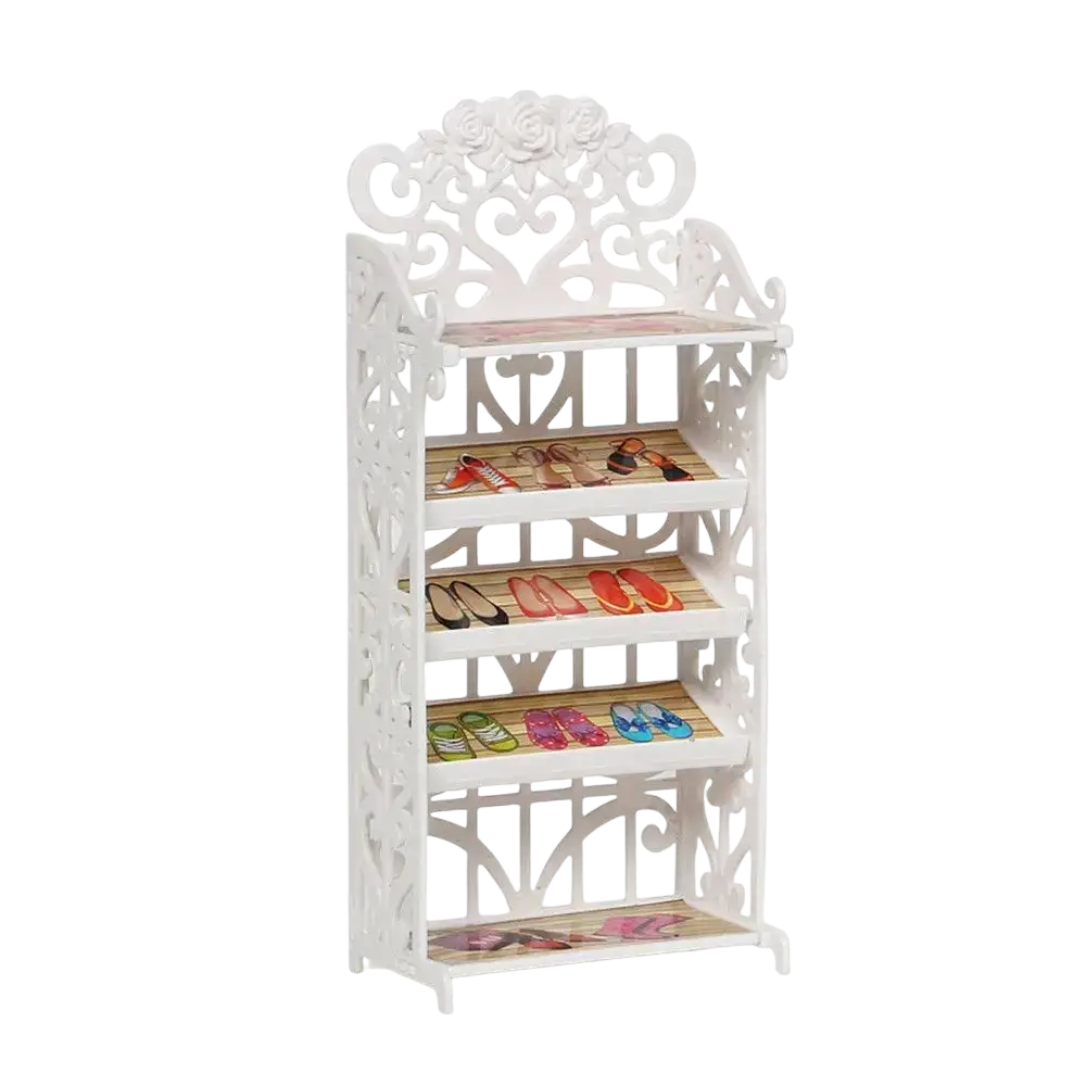 White ornate shoe rack with floral cutouts and wooden shelves for dollhouse miniature furniture living room decor set