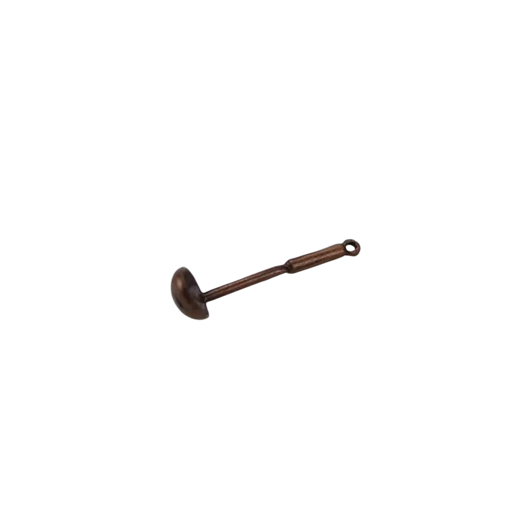 Antique bronze-colored metal ladle-shaped charm with looped handle end from dollhouse miniature kitchen utensils set