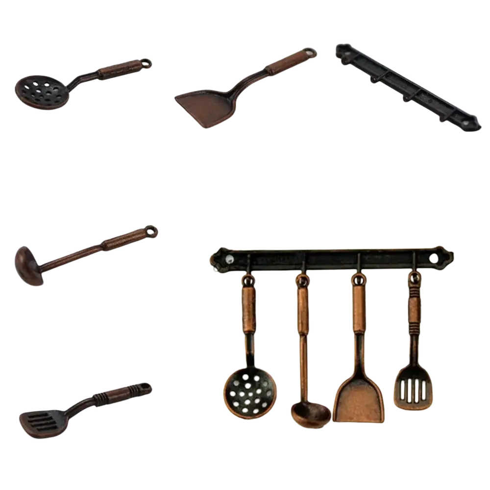 Antique bronze-finished miniature kitchen utensils set with matching wall-mounted rack for dollhouse decor