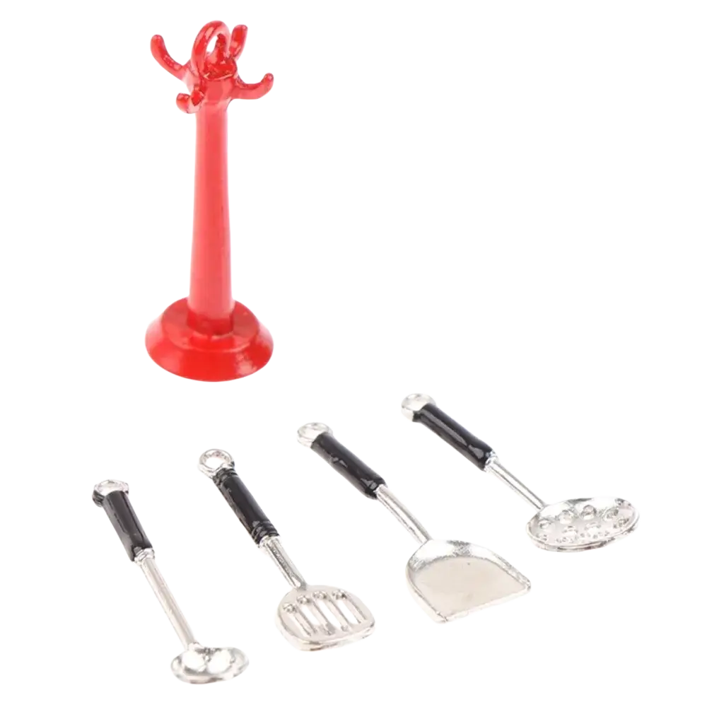 Dollhouse miniature kitchen utensils set with red plastic octopus-shaped coat rack holding silver metal spatulas and spoons
