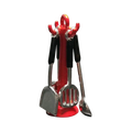 Dollhouse miniature kitchen utensils set with red plastic holder, black handles, and silver metal tools