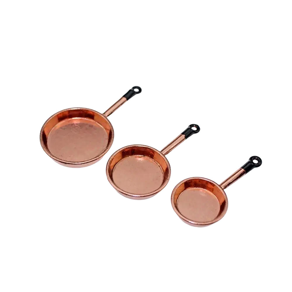 Set of three miniature copper frying pans with black handles for dollhouse miniature kitchen utensils set