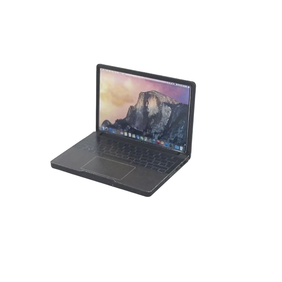 Dollhouse miniature laptop 1/12 scale black matte finish with illuminated screen displaying mountain landscape