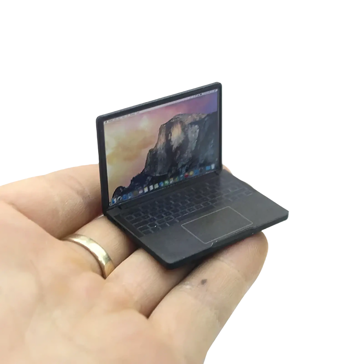 Black dollhouse miniature laptop 1/12 scale with detailed mountain landscape screen and authentic keyboard layout