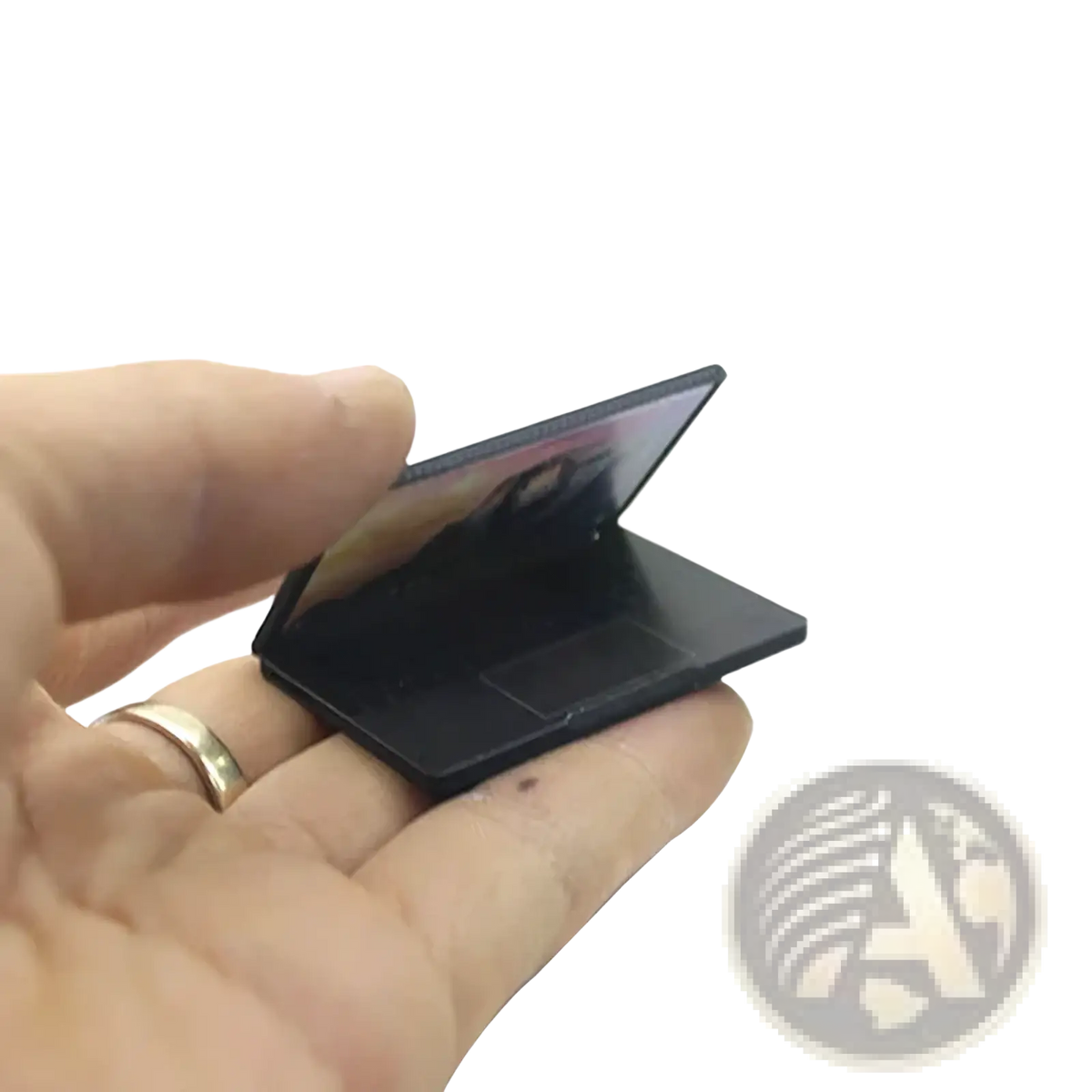 Black miniature laptop model with glossy finish and foldable screen for dollhouse 1/12 scale display