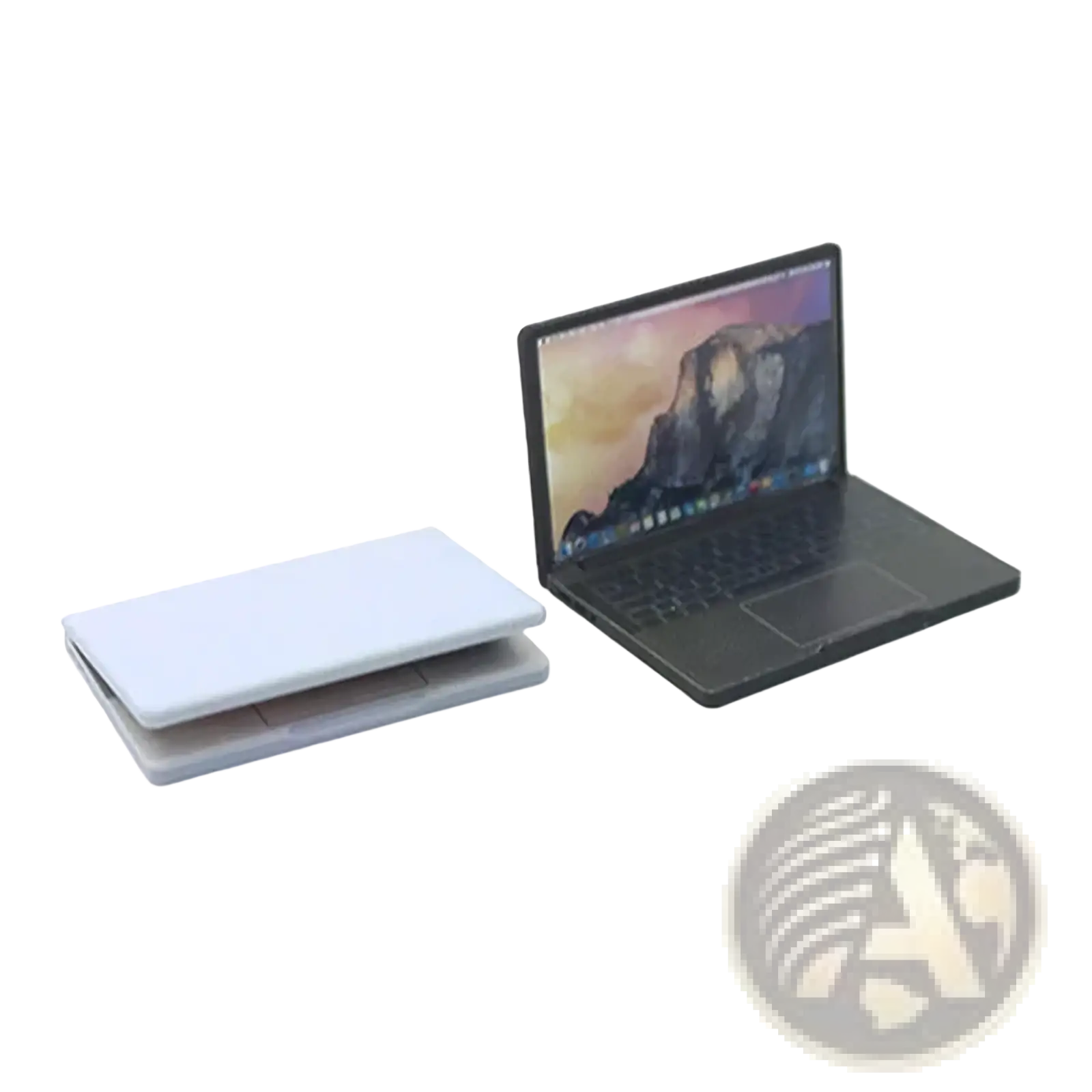 Black dollhouse miniature laptop 1/12 scale with mountain wallpaper screen and integrated trackpad and keyboard