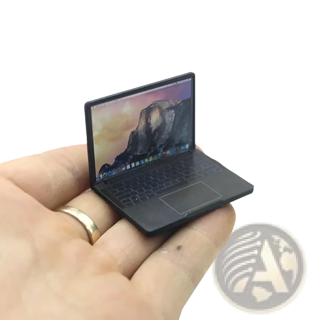 Black dollhouse miniature laptop 1/12 scale with detailed mountain landscape screen and authentic keyboard layout