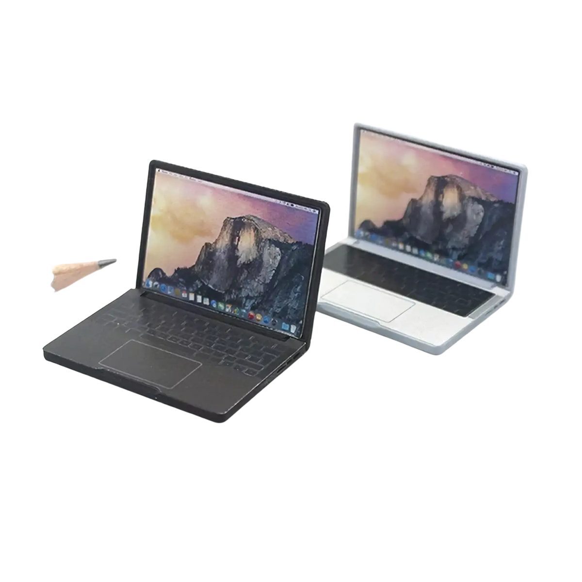 Black and silver dollhouse miniature laptop 1/12 scale with detailed keyboard touchpad and mountain wallpaper screen