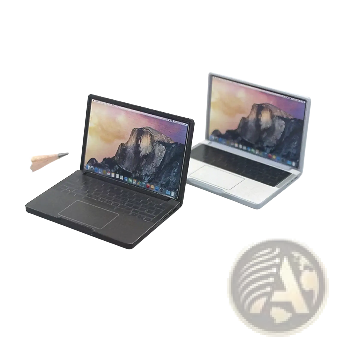 Black and silver dollhouse miniature laptop 1/12 scale with detailed keyboard touchpad and mountain wallpaper screen