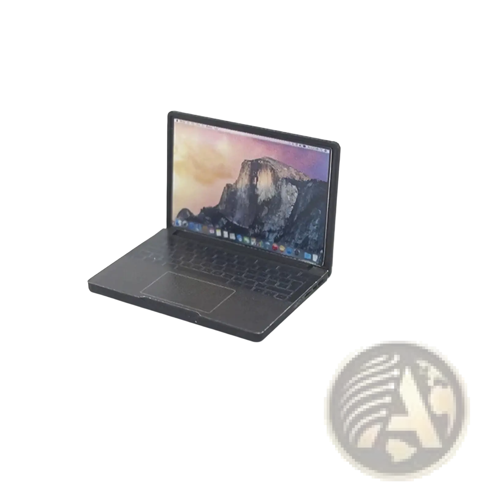 Dollhouse miniature laptop 1/12 scale black matte finish with illuminated screen displaying mountain landscape