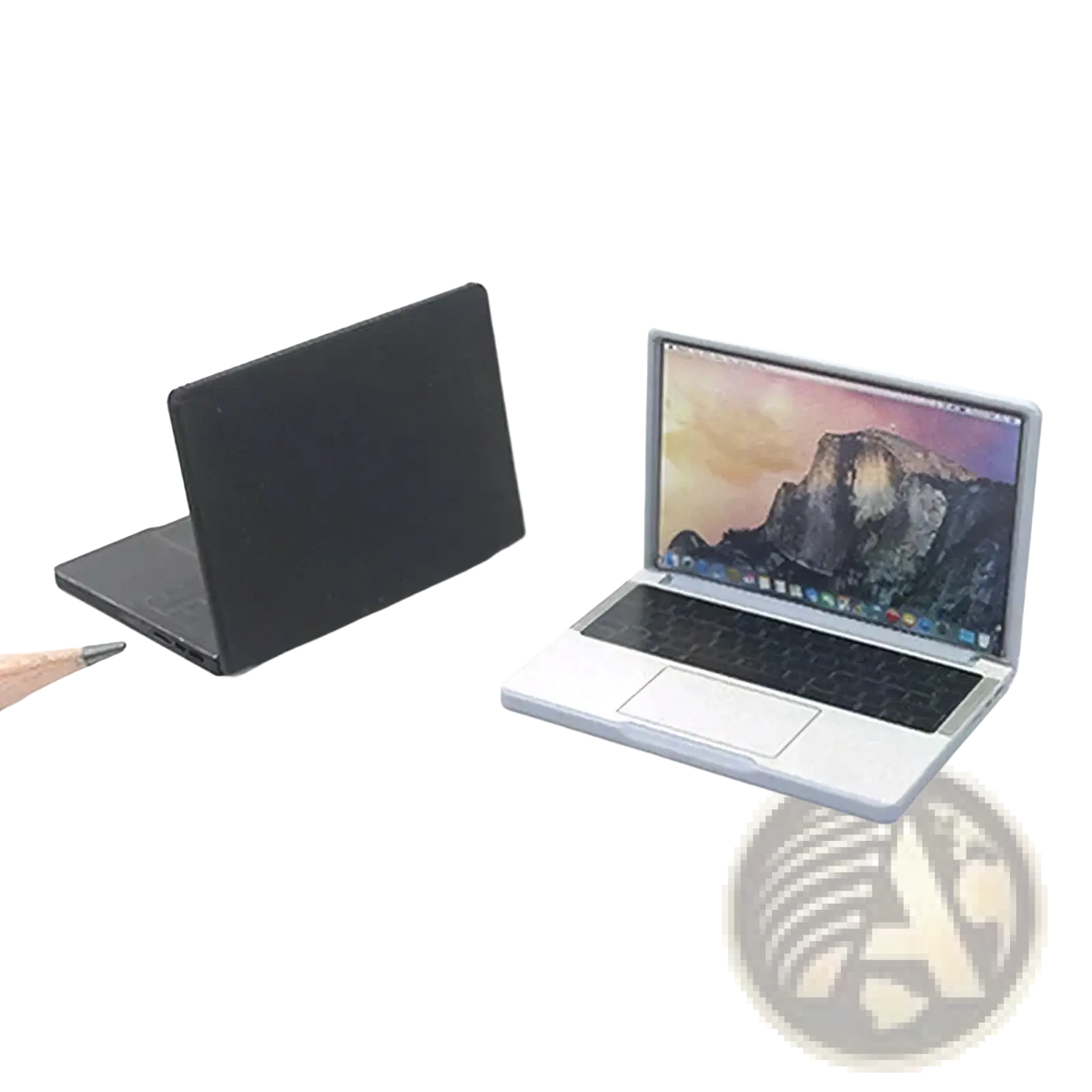 Silver dollhouse miniature laptop 1/12 scale with black keyboard and trackpad showing mountain landscape wallpaper