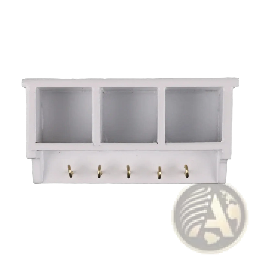 White wall-mounted dollhouse miniature organizer with three open cubbies and five gold-toned hooks below