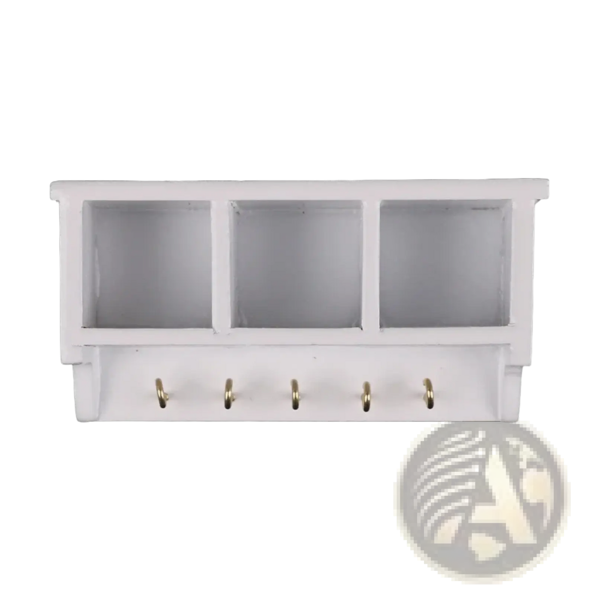White wall-mounted dollhouse miniature organizer with three open cubbies and five gold-toned hooks below
