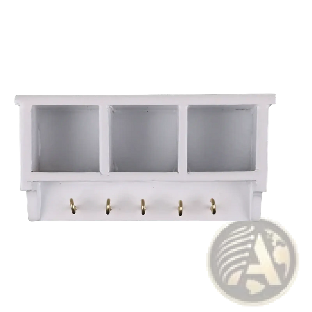 White wall-mounted dollhouse miniature organizer with three compartments and five gold-colored hooks below