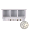 White wall-mounted dollhouse miniature organizer with three compartments and five gold-colored hooks below