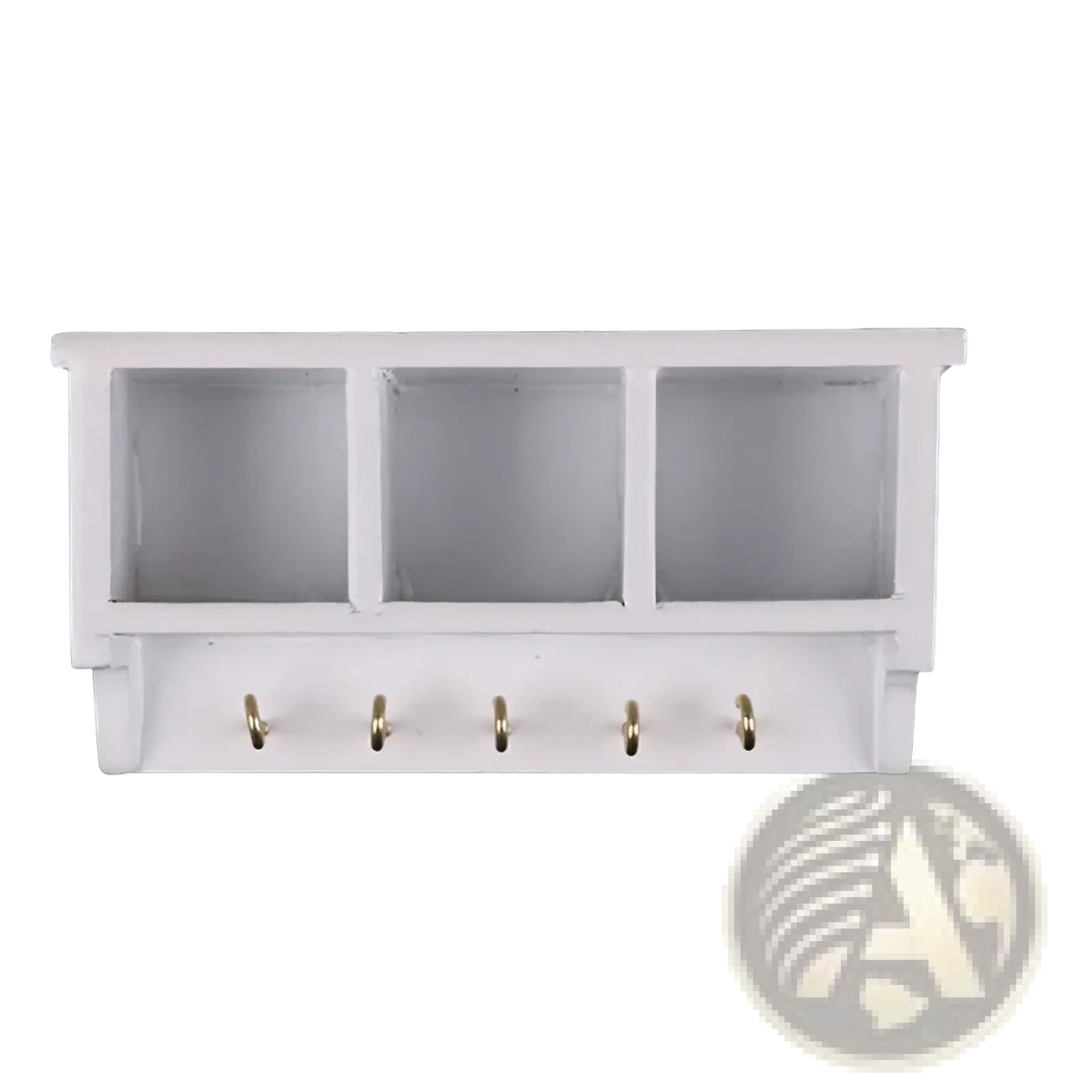 White wall-mounted dollhouse miniature organizer with three compartments and five gold-colored hooks below