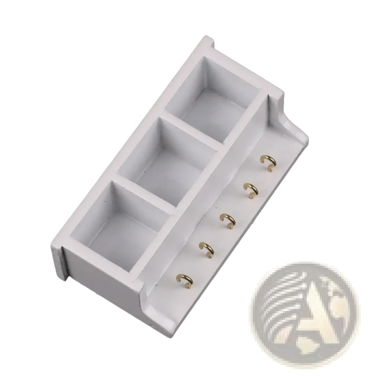 Dollhouse miniature white wall rack with three rectangular compartments and five gold toned side hooks