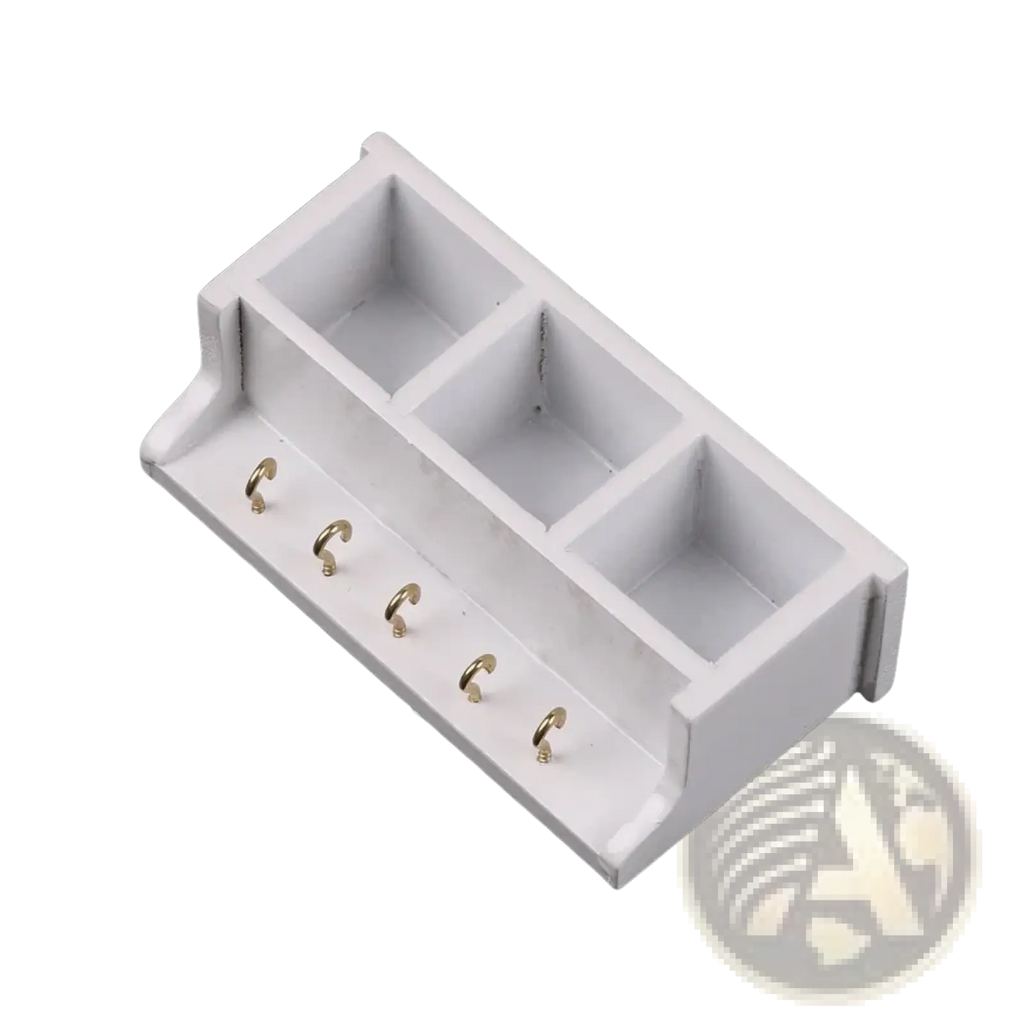 Dollhouse miniature white wall rack with three compartments and five gold-toned hooks for key storage