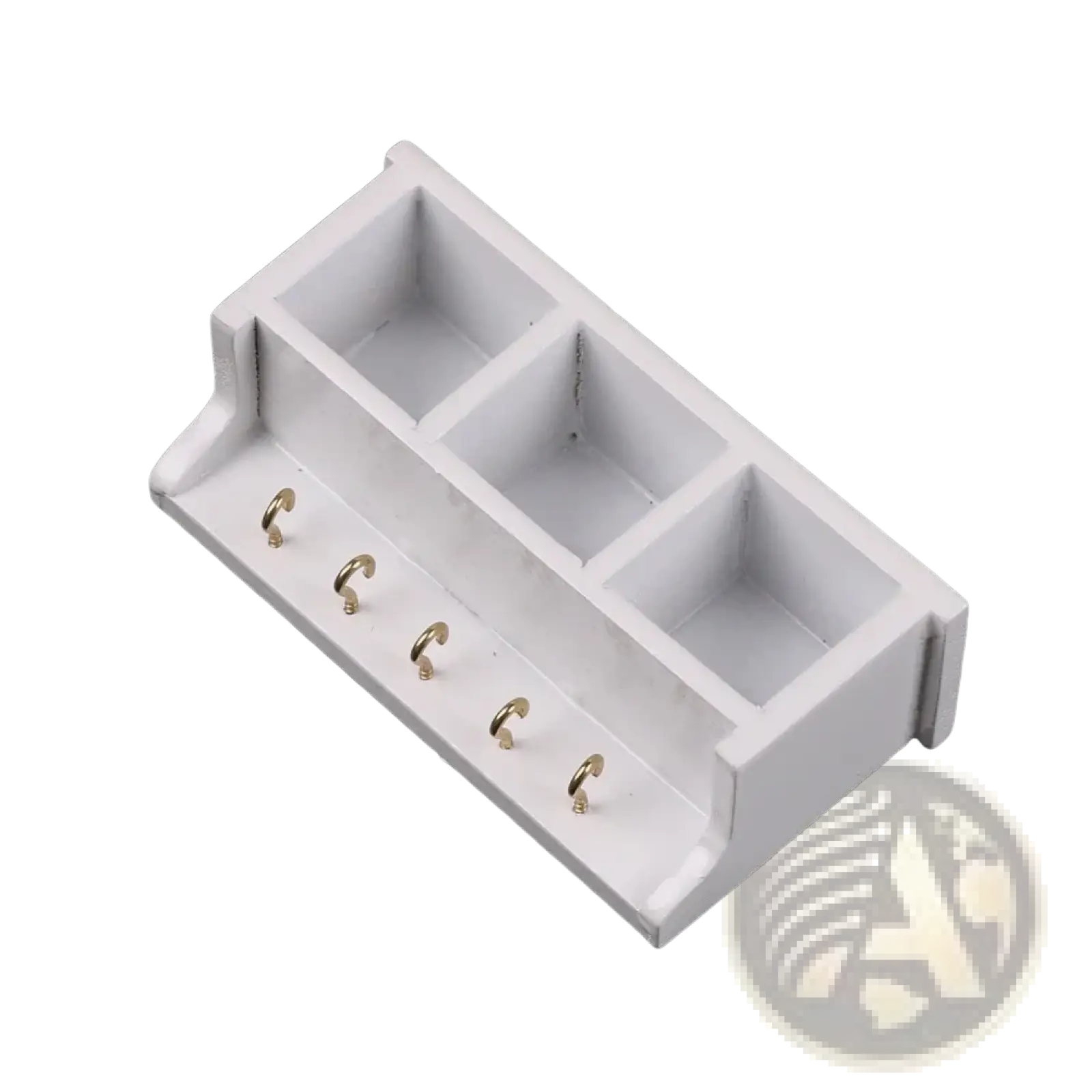 Dollhouse miniature white wall rack with three compartments and five gold-toned hooks for key storage