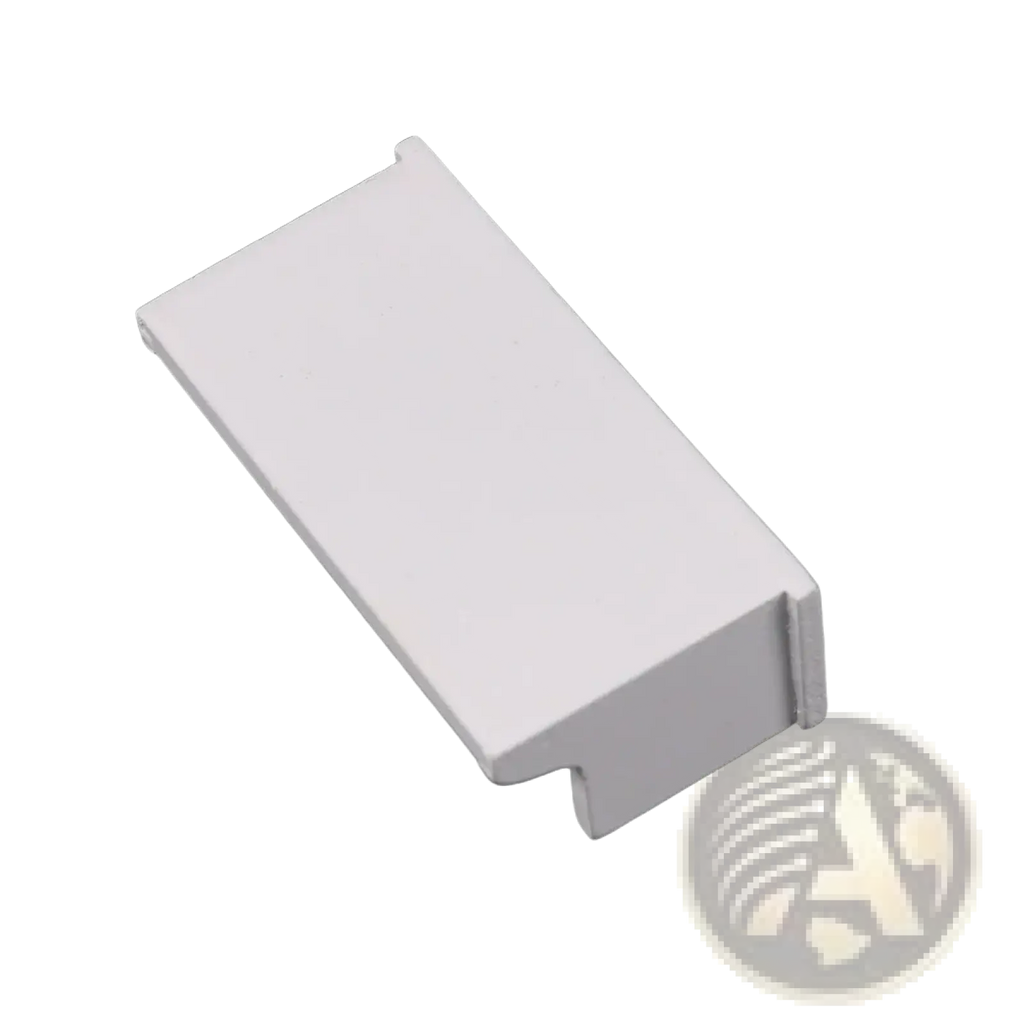 Dollhouse miniature white wall rack with hooks featuring a white rectangular plastic corner piece with beveled edges