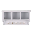 White wall-mounted dollhouse miniature organizer with three compartments and five gold-colored hooks below