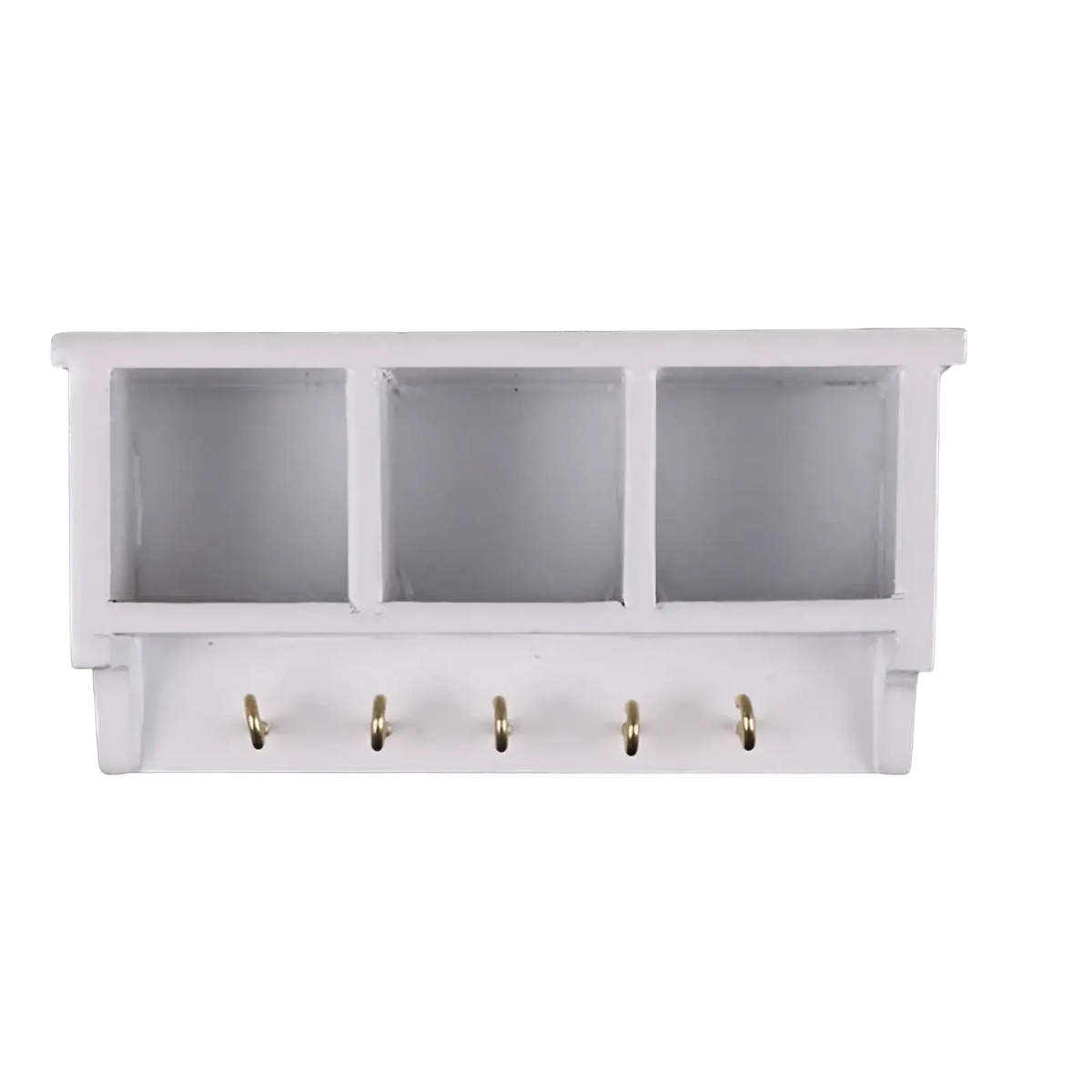 White wall-mounted dollhouse miniature organizer with three compartments and five gold-colored hooks below