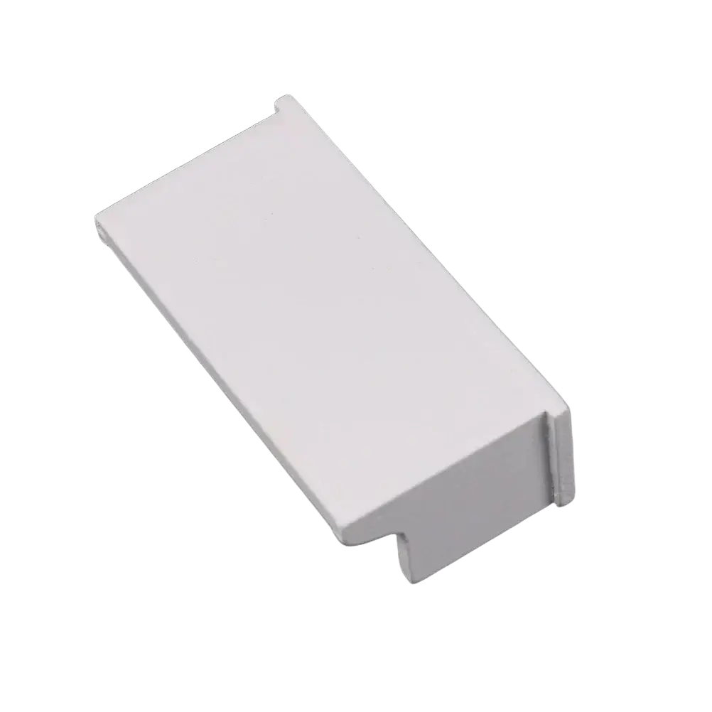 Dollhouse miniature white wall rack with hooks featuring a white rectangular plastic corner piece with beveled edges