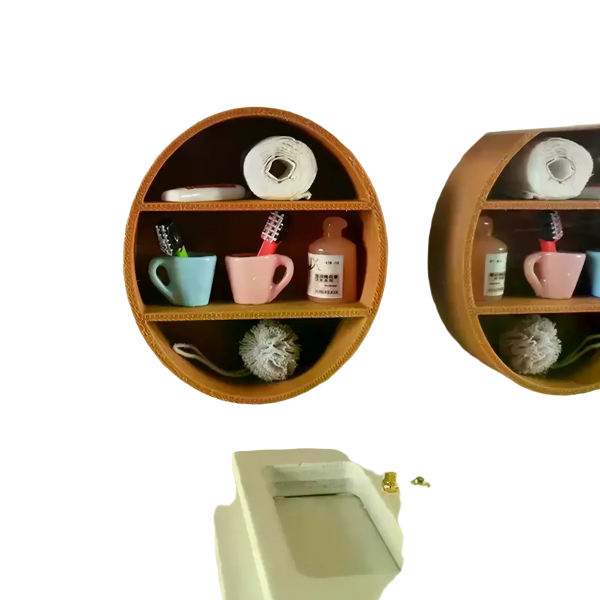 Dollhouse wall cabinet miniature wooden display shelf with circular two-tier wooden shelf holding pastel toiletry cups
