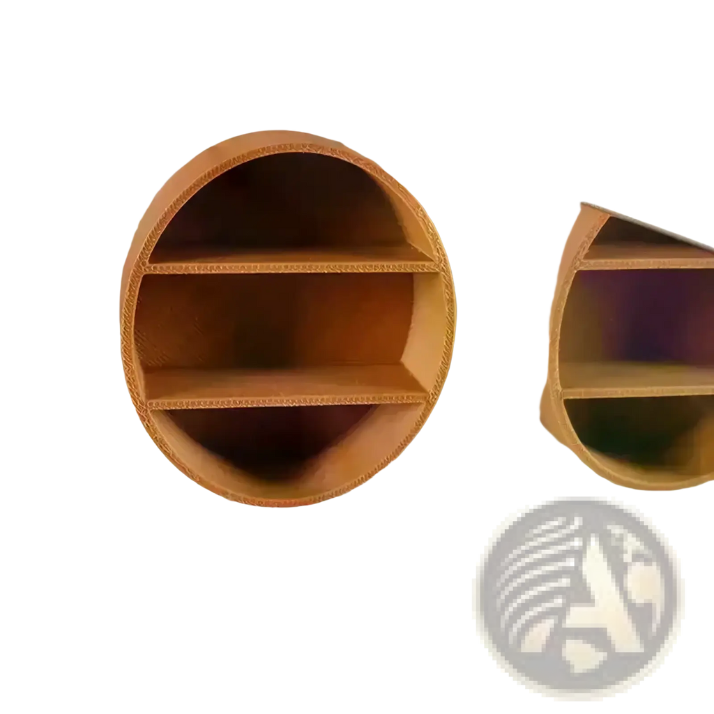 Circular tan dollhouse wall cabinet miniature wooden display shelf made of corrugated cardboard with two dividers