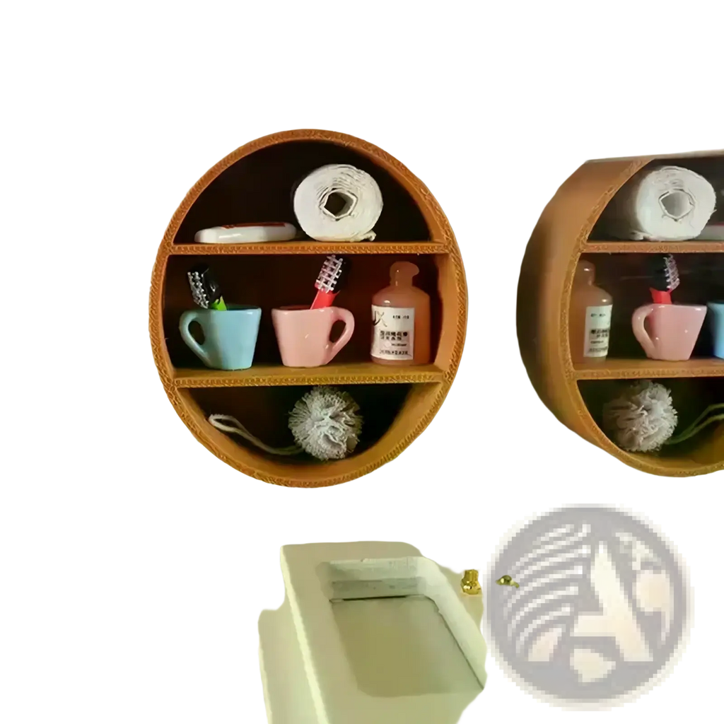 Dollhouse wall cabinet miniature wooden display shelf with circular two-tier wooden shelf holding pastel toiletry cups