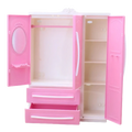 Pink plastic dollhouse wardrobe miniature toy furniture with white handles and a mirrored door for playsets