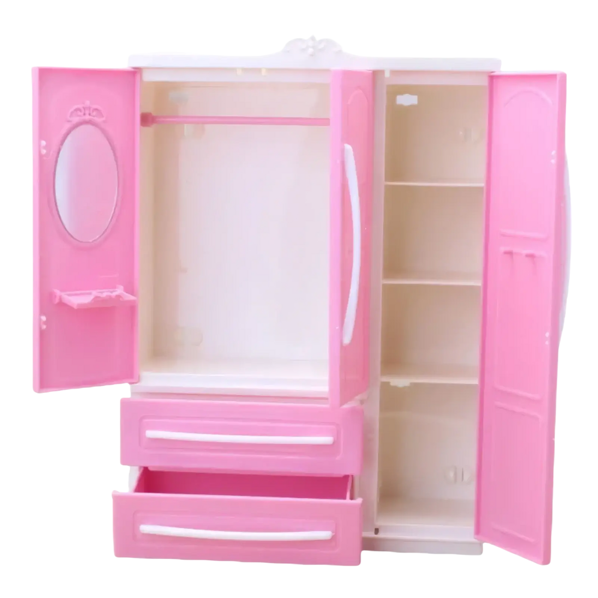 Pink plastic dollhouse wardrobe miniature toy furniture with white handles and a mirrored door for playsets