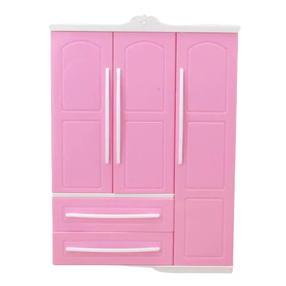 Pink plastic dollhouse wardrobe miniature toy furniture with white trim and handles for children’s play sets