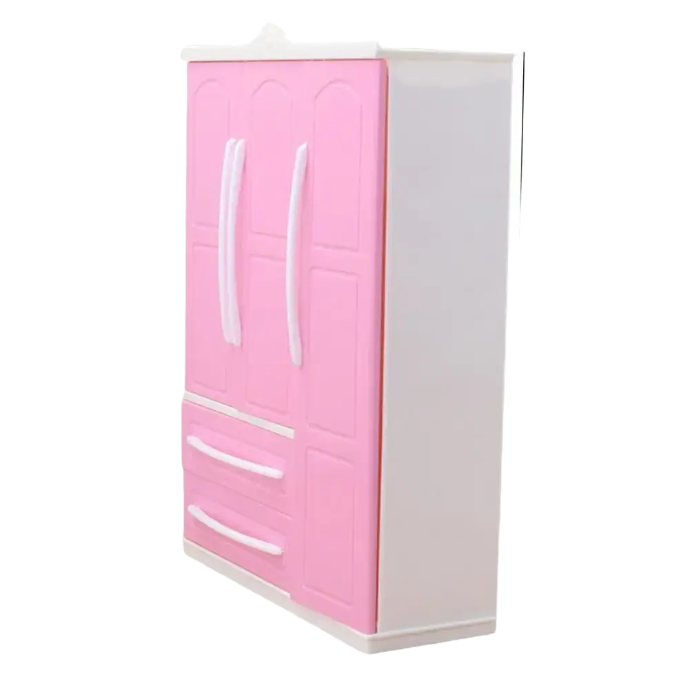 Pink plastic dollhouse wardrobe miniature toy furniture with white handles and drawers designed for dollhouses