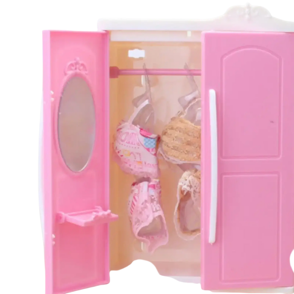 Pink plastic dollhouse wardrobe miniature toy furniture with mirrored door and hanging toy clothing for barbie dolls