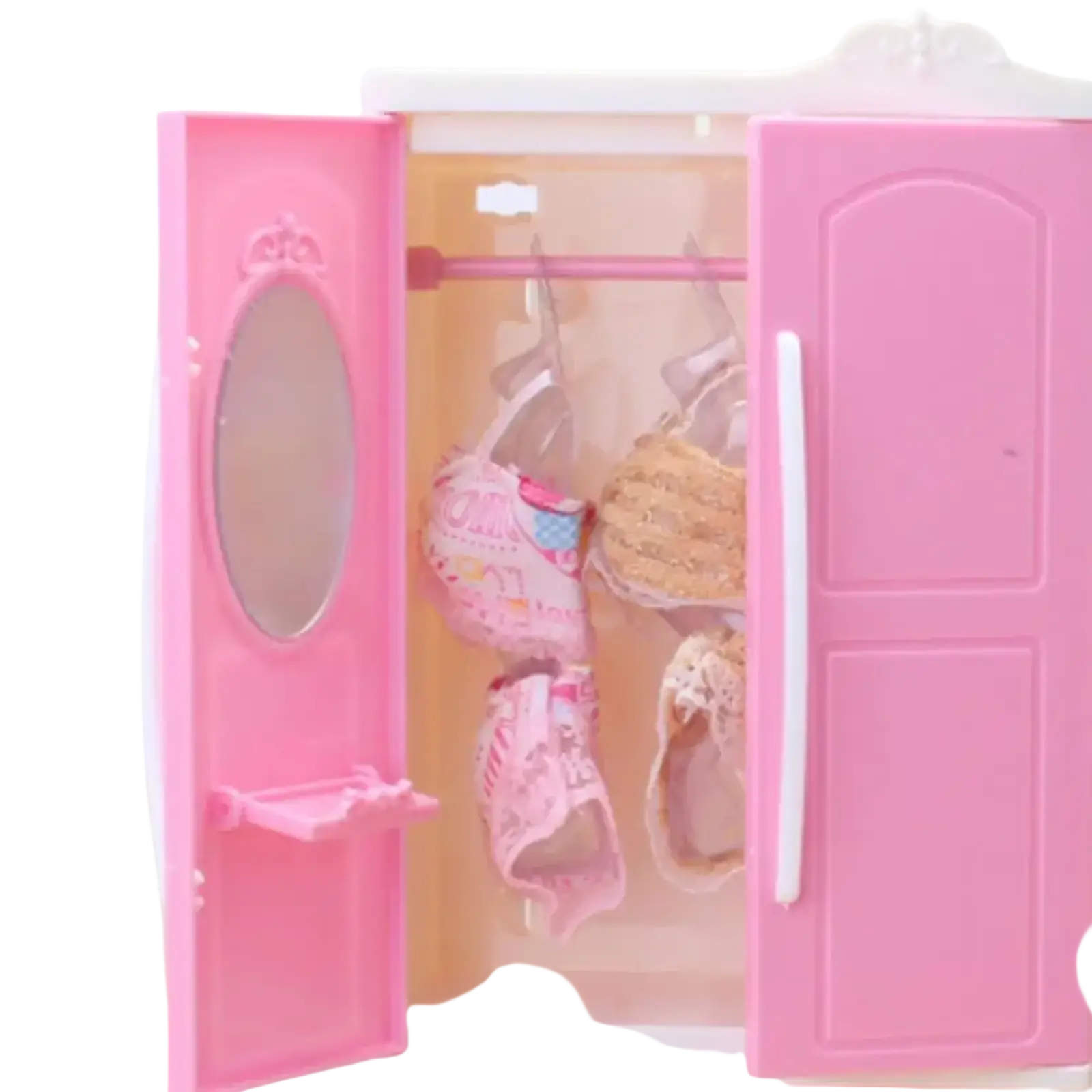 Pink plastic dollhouse wardrobe miniature toy furniture with mirrored door and hanging toy clothing for barbie dolls