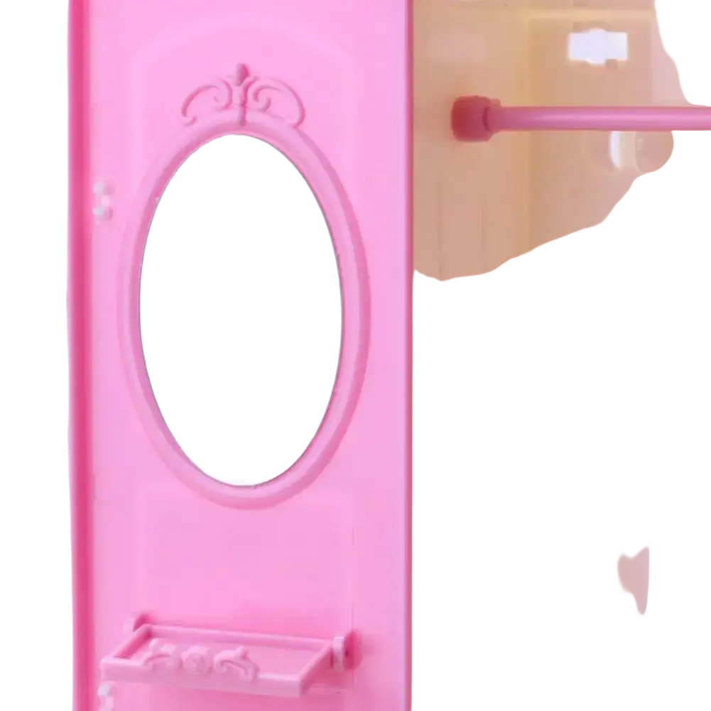 Pink plastic dollhouse wardrobe miniature toy furniture with oval mirror and decorative scrollwork frame on vanity door