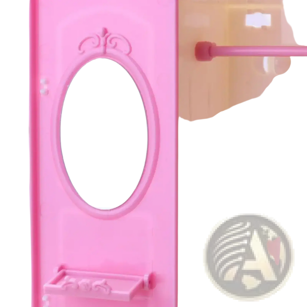 Pink plastic dollhouse wardrobe miniature toy furniture with oval mirror and decorative scrollwork frame on vanity door