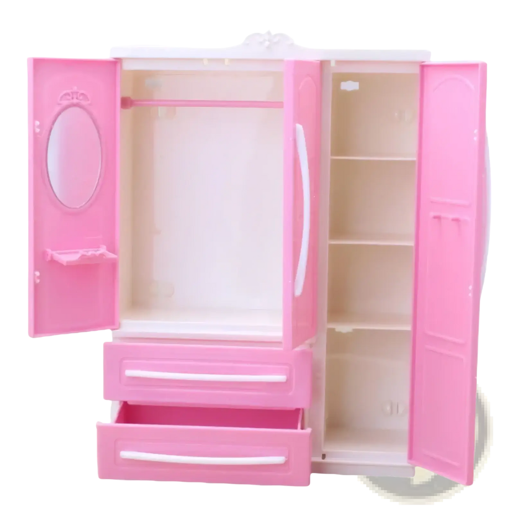 Pink plastic dollhouse wardrobe miniature toy furniture with white handles and a mirrored door for playsets