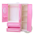 Pink plastic dollhouse wardrobe miniature toy furniture with white handles and a mirrored door for playsets