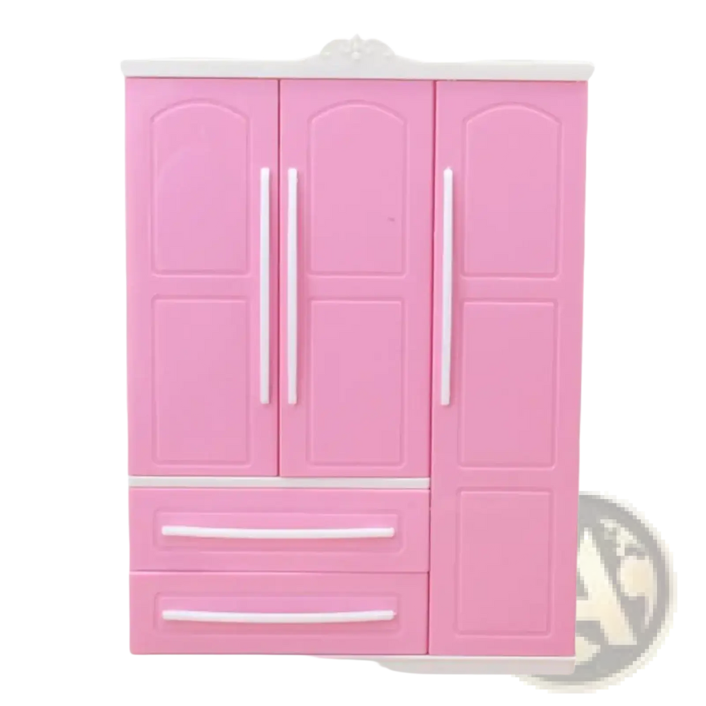 Pink plastic dollhouse wardrobe miniature toy furniture with white trim and handles for children’s play sets