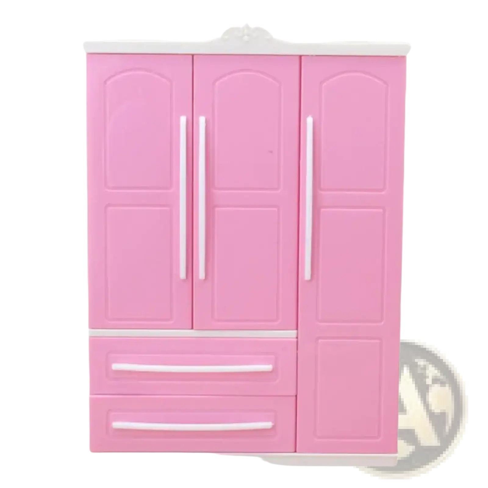 Pink plastic dollhouse wardrobe miniature toy furniture with white trim and handles for children’s play sets