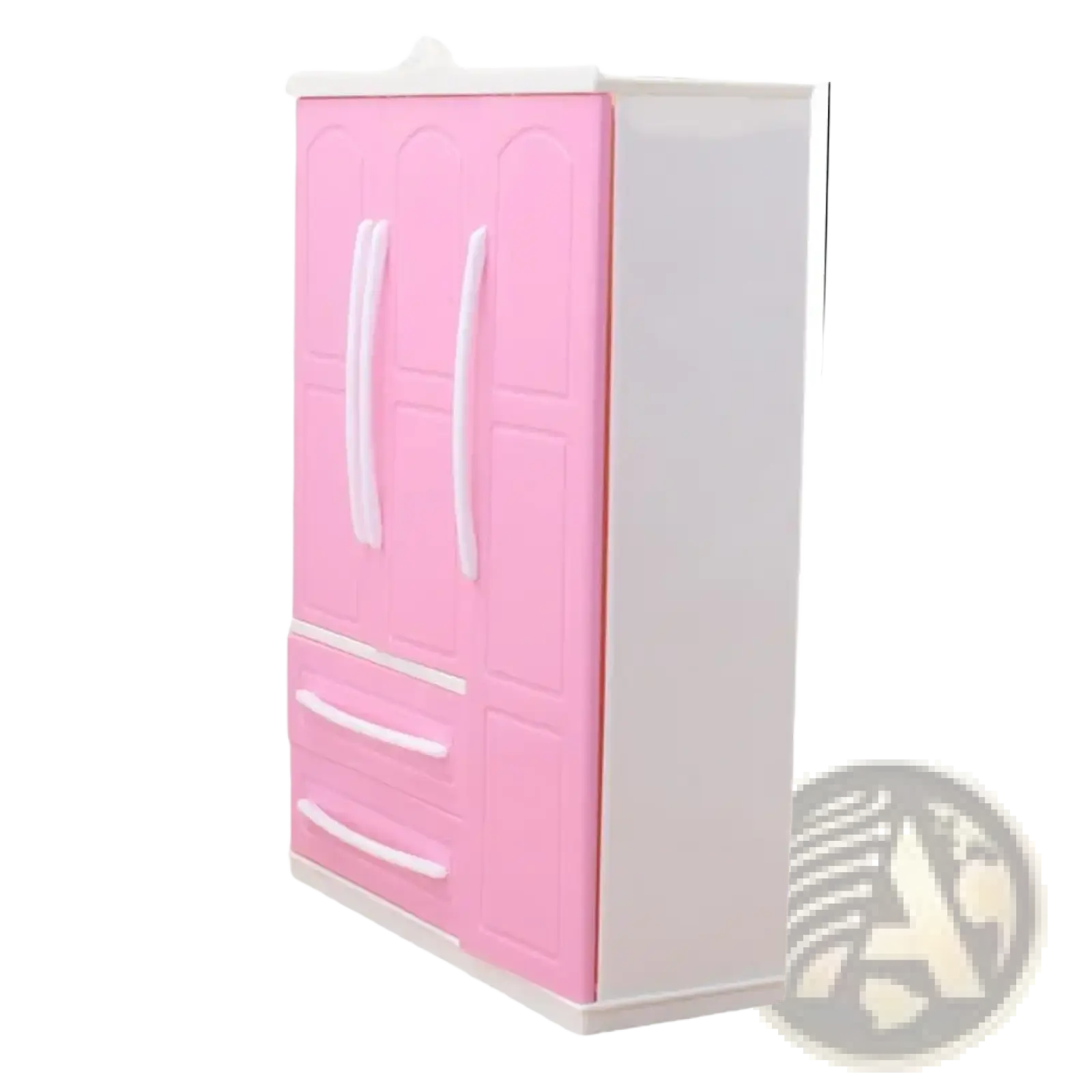Pink plastic dollhouse wardrobe miniature toy furniture with white handles and drawers designed for dollhouses