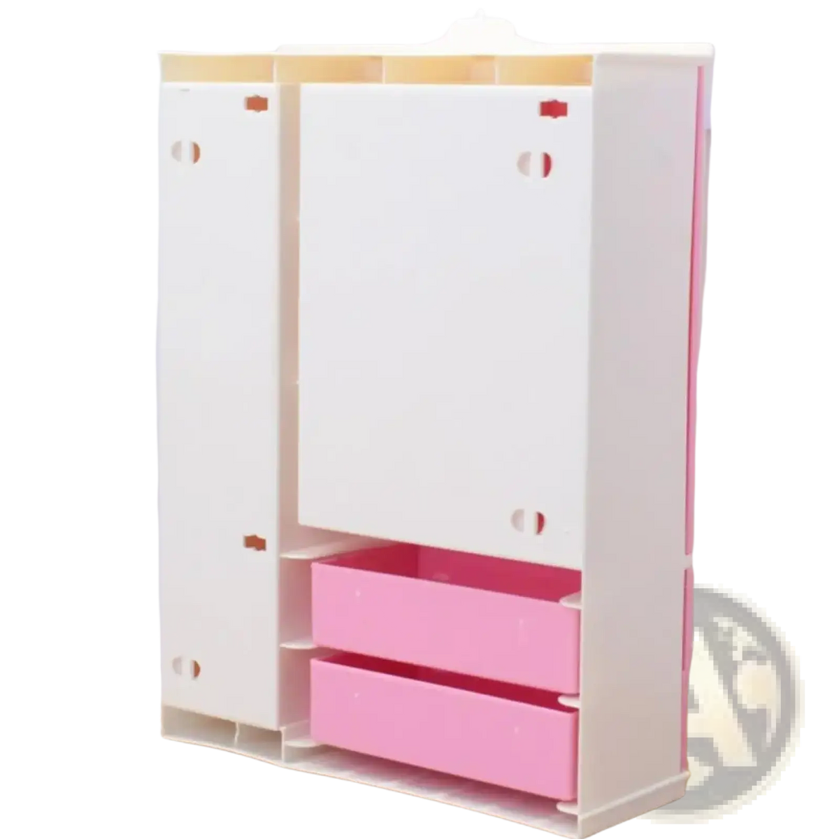 White and pink plastic dollhouse wardrobe miniature toy furniture with two drawers for children’s playroom use