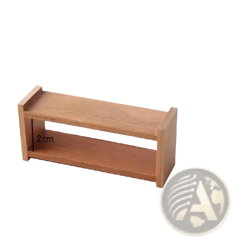 Minimalist two-tier wooden dollhouse storage shelf with light brown finish and simple design
