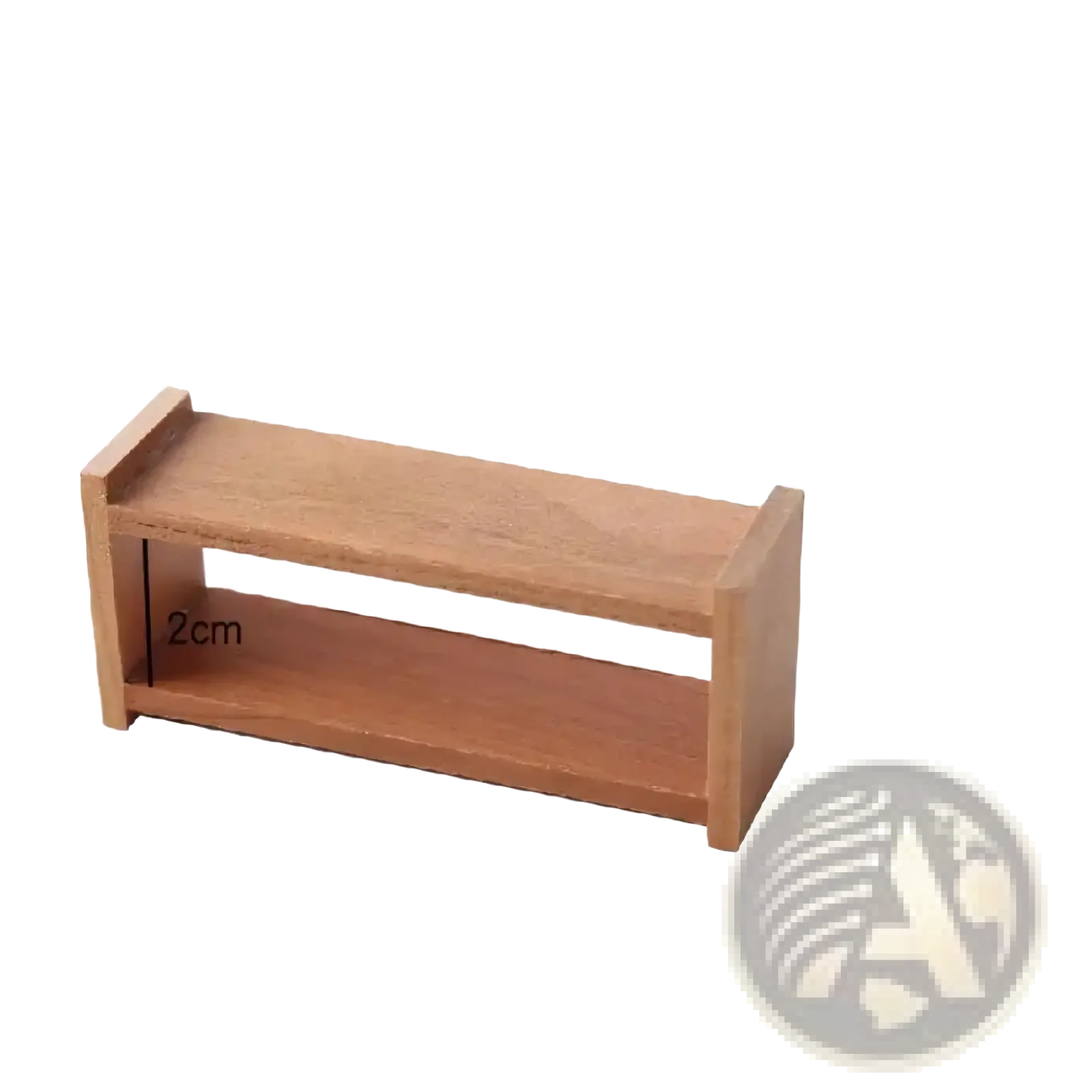 Minimalist two-tier wooden dollhouse storage shelf with light brown finish and simple design