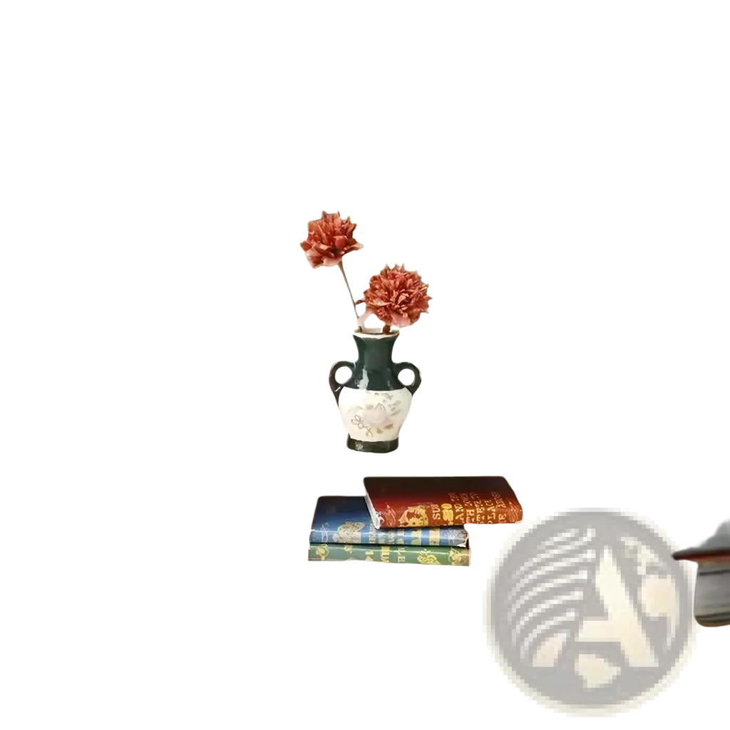 A small dark green and white ceramic vase with dual handles holding two orange red flowers for dollhouse wooden storage shelf miniature furniture