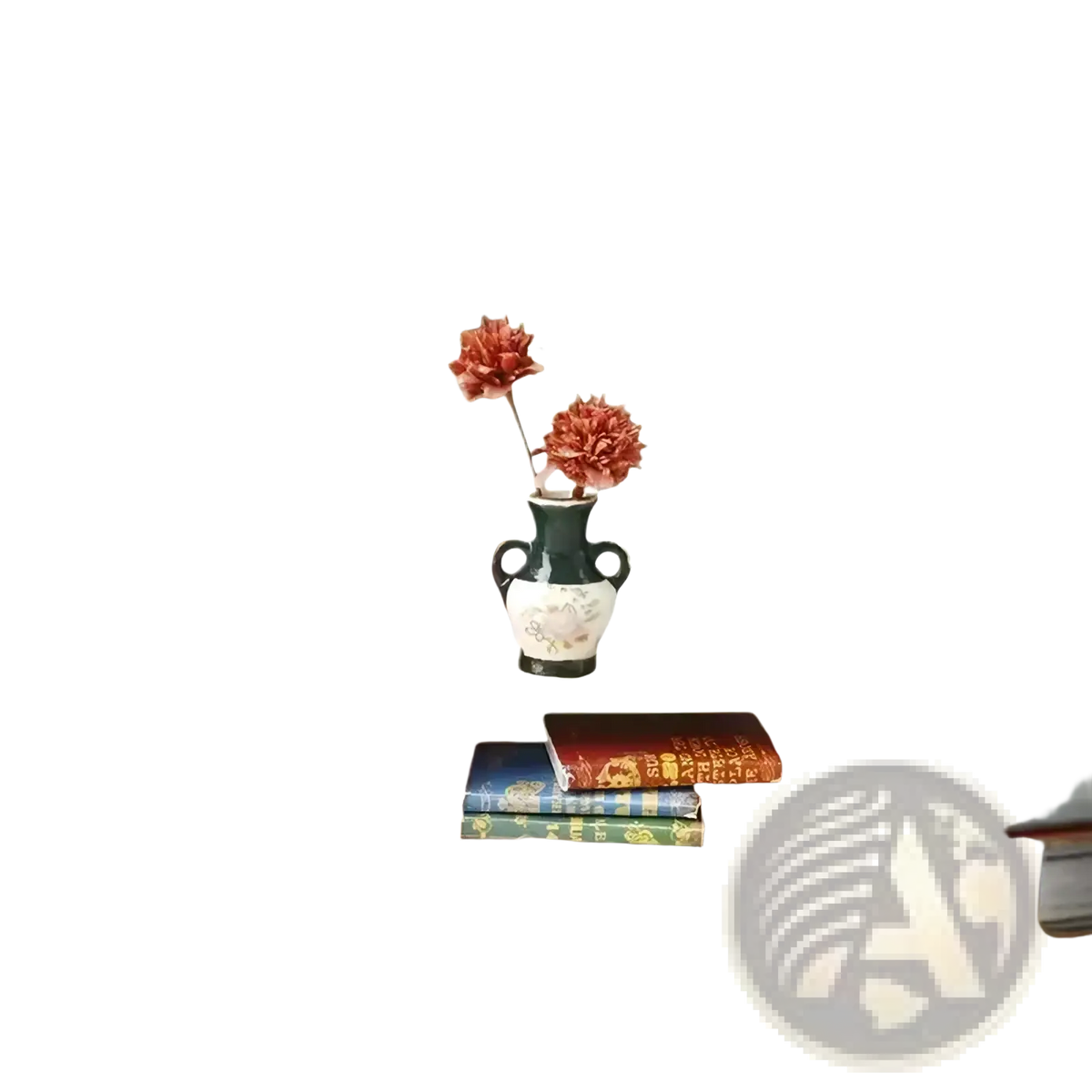 A small dark green and white ceramic vase with dual handles holding two orange red flowers for dollhouse wooden storage shelf miniature furniture