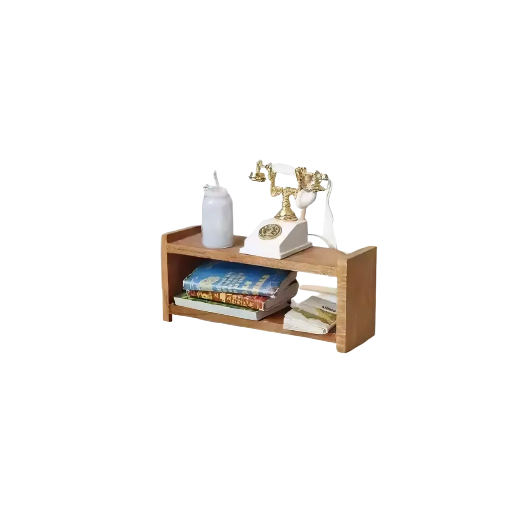 Light brown wooden dollhouse storage shelf miniature furniture with two shelves holding books and vintage telephone