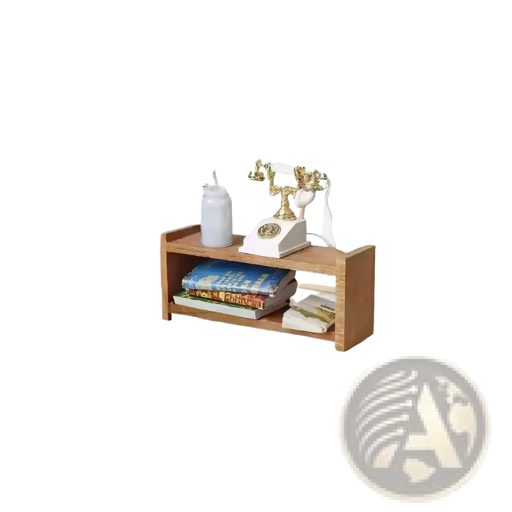 Light brown wooden dollhouse storage shelf miniature furniture with two shelves holding books and vintage telephone